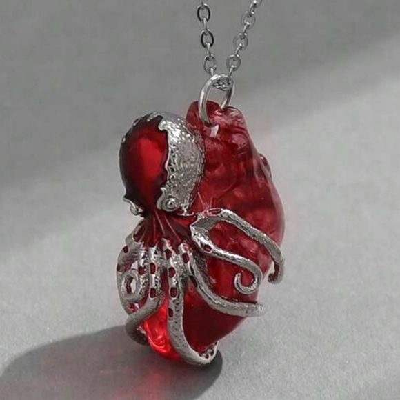 Octopus Wrapped Heart Metallic Squid Anatomy Cardiac Grasp Clutch Oddity Pendant